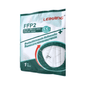 Depicted is a sealed package of Leikang® FFP2 NR respirator mask, without valve (1 piece). The white-green discontinued item packaging displays product information, certifications, and a transparent window showing the folded mask inside.