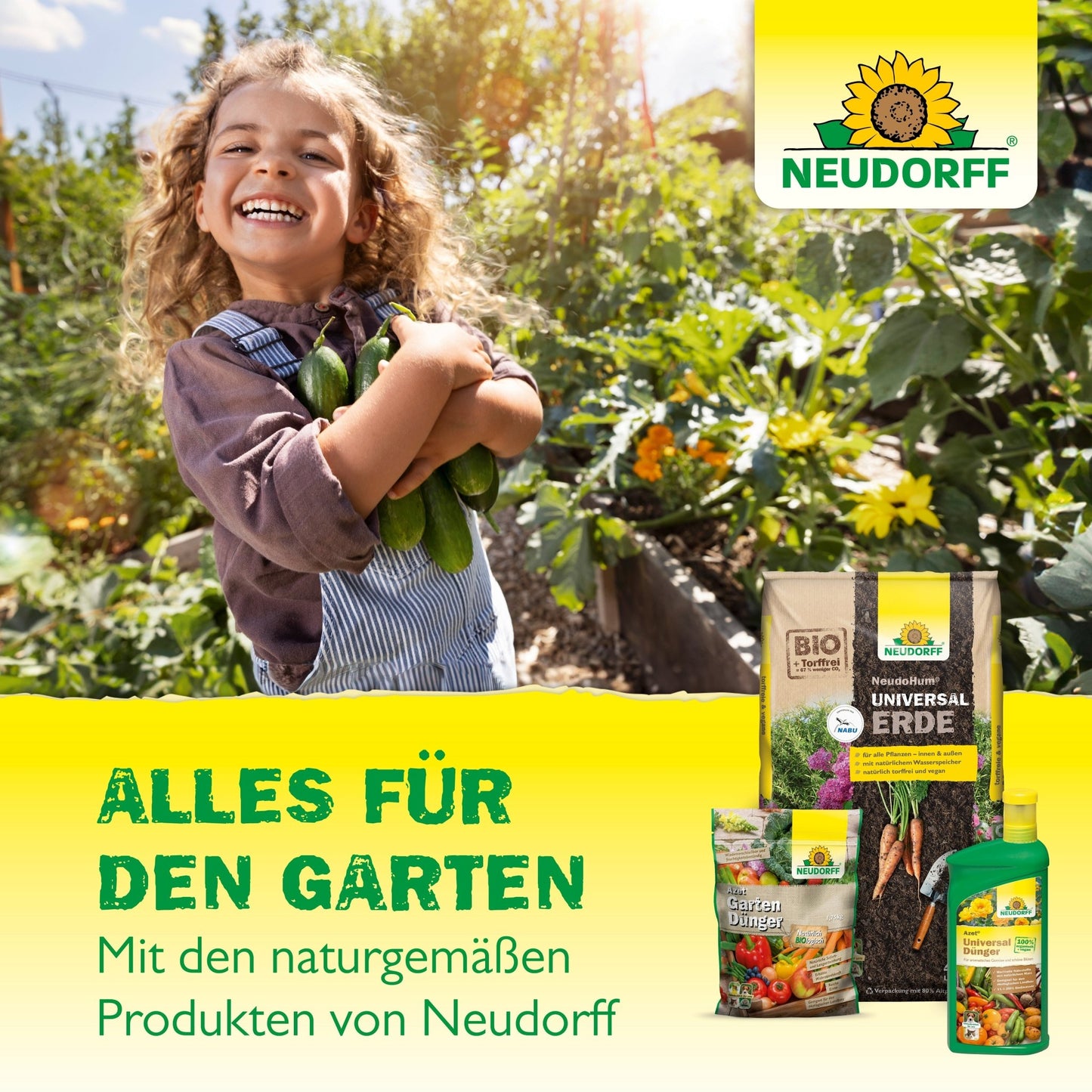A smiling child with cucumbers in hand stands in a garden. In the foreground are Balsamol foliar fertilizer and other natural garden products from Neudorff Shop, while a German text advertises Neudorff Shop's natural products.
