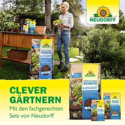 A woman stands in a garden holding a lettuce in her hand. Next to her is the Neudorff Shop tree protection set. In the foreground, various Neudorff packages, the slogan "Clever gardening," and the Neudorff logo can be seen.