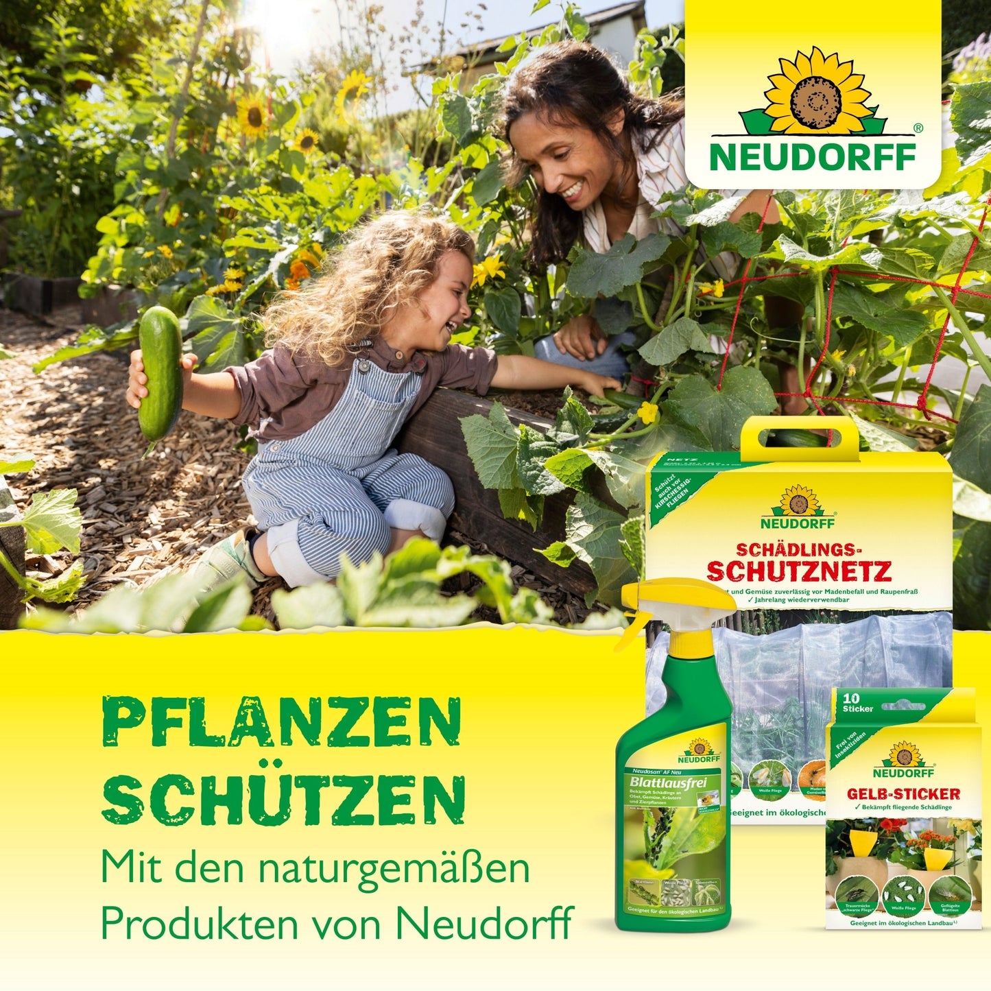 A woman and a child pick vegetables in a garden. In the foreground are the beneficial insects against vine weevils from Neudorff Shop, promoting natural plant protection for healthy gardens.