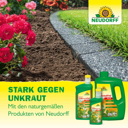 In a garden bed with red flowers next to a lawn and a path, the BioKraft Base Material Vinegar from Neudorff Shop is used. The German text promotes its natural weed control power, making it ideal for weed-free terraces.
