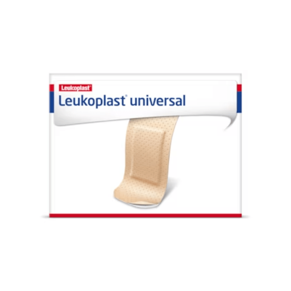 The Leukoplast® Universal Strips plaster box from BSN Medical GmbH shows a single beige adhesive plaster on the front. The design consists of a white background with red and blue accents and the brand name at the top. These adhesive plasters are water and dirt resistant and offer reliable protection.