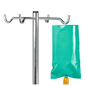 Depicted is a metal infusion stand with several hooks, one of which holds a partially visible B. Braun light protection cover for Ecoflac® plus Green Bag. The design is plain white, ideal for medical care with light-sensitive solutions.