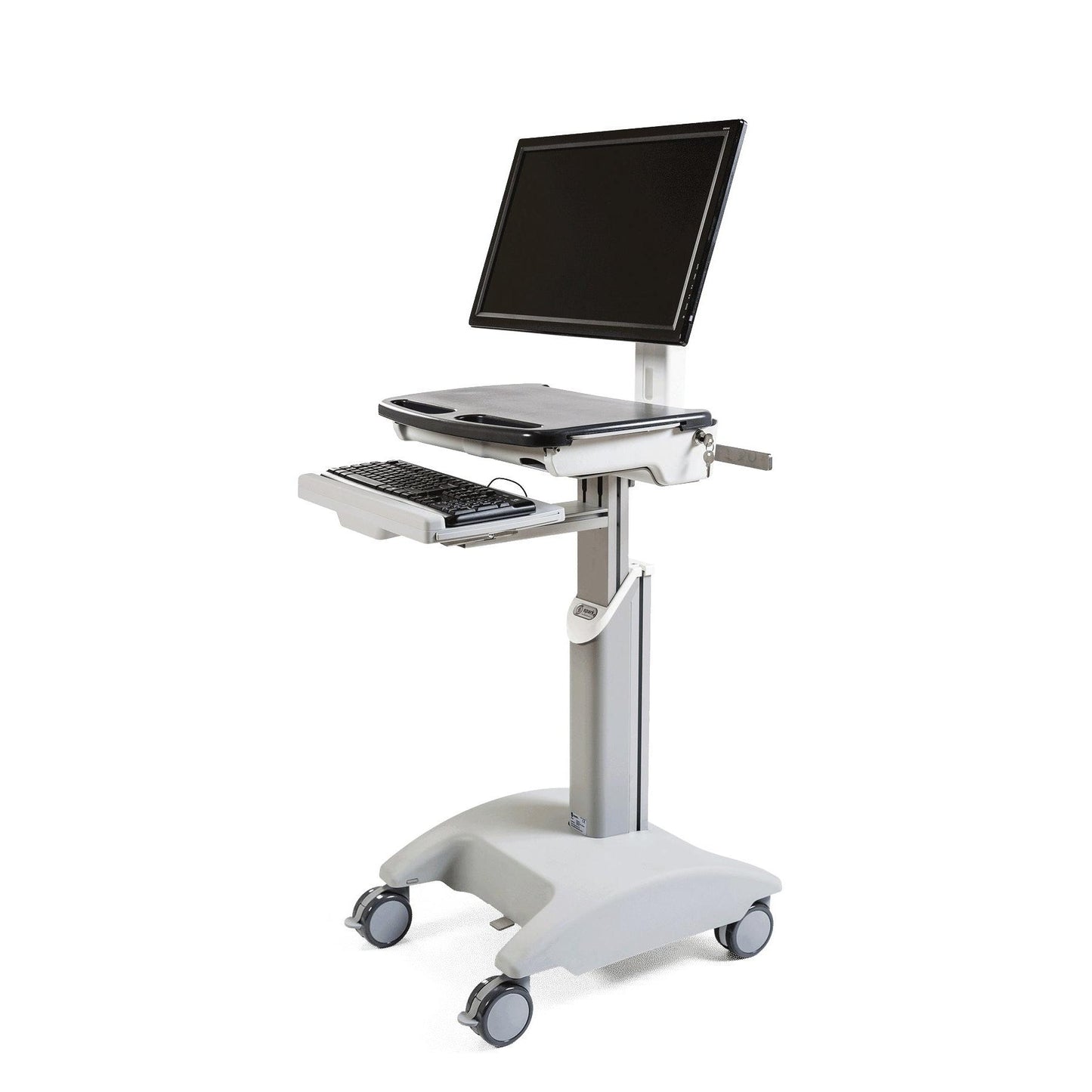 The Novocal Mobile Workstation for Laptop or Panel PC including height-adjustable monitor arm and VESA (1 piece) is a mobile workstation on wheels, shown with monitor and keyboard, against a simple white background.