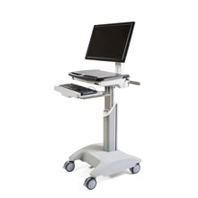 The Novocal Mobile Workstation for Laptop or Panel PC including height-adjustable monitor arm and VESA (1 piece) is a mobile workstation on wheels, shown with monitor and keyboard, against a simple white background.