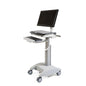 The Novocal Mobile Workstation for Laptop or Panel PC including height-adjustable monitor arm and VESA (1 piece) is a mobile workstation on wheels, shown with monitor and keyboard, against a simple white background.