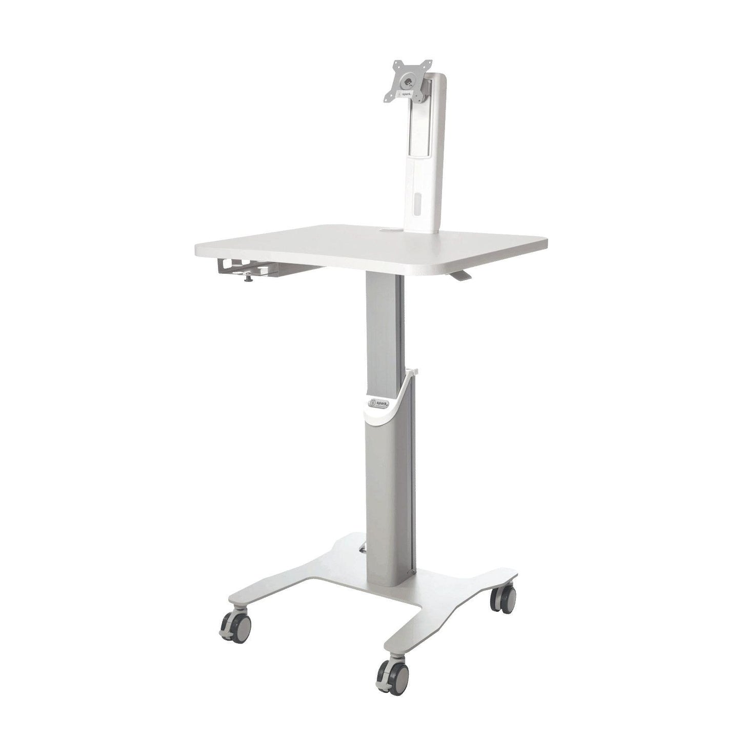 The Novocal Mobile Workstation for Laptop or Panel PC offers flexible use and stable support with a height-adjustable monitor arm, VESA mount, flat tabletop, four castor feet, and T-frame.