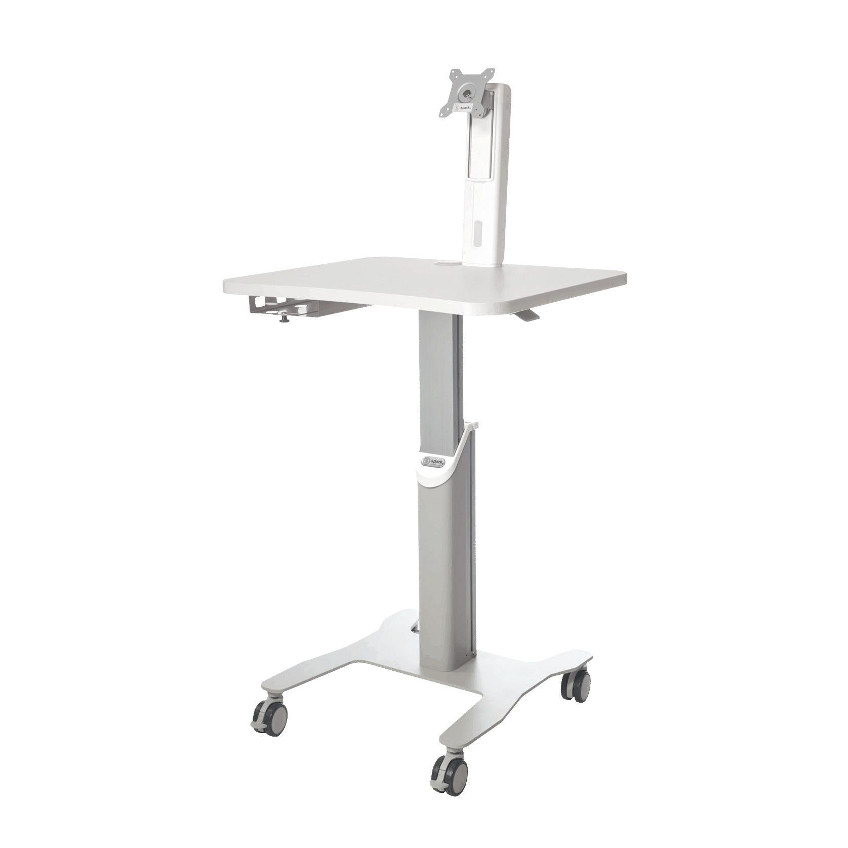 The Novocal Mobile Workstation for Laptop or Panel PC offers flexible use and stable support with a height-adjustable monitor arm, VESA mount, flat tabletop, four castor feet, and T-frame.