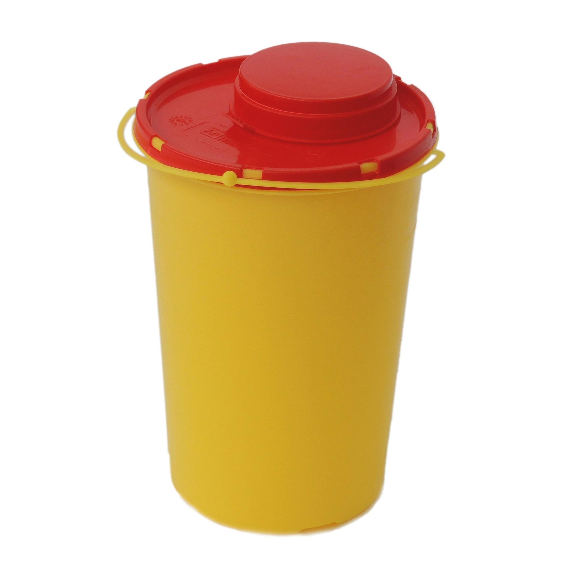 The Novocal needle disposal container (1.5L) is a yellow plastic container with a securely attached red round lid, ideal for the safe disposal of sharp medical items. Brand: Novocal.