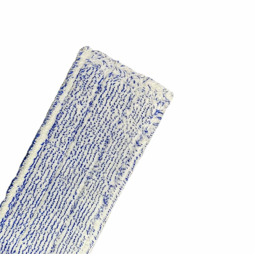 The Arcora Excellent Blue-White Fc-Mop With Color Coding Without Cover Sheet from Arcora International GmbH is a rectangular, white microfiber mop with blue stripes and a textured surface, depicted on a solid white background.