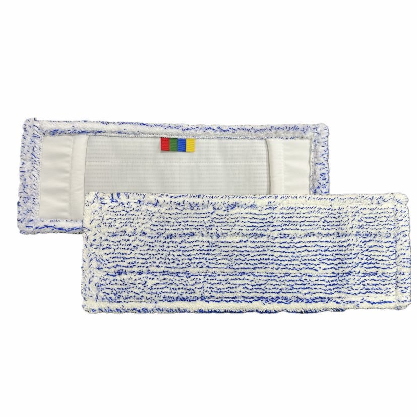 Two rectangular Arcora Excellent Blue-White Fc-Mop pads with blue and white fibers - one with a textured cleaning surface, the other with fabric loops and color coding. Compatible with the systems of Arcora International GmbH.