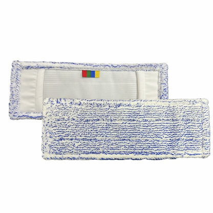 Two rectangular Arcora Excellent Blue-White Fc-Mop pads with blue and white fibers - one with a textured cleaning surface, the other with fabric loops and color coding. Compatible with the systems of Arcora International GmbH.
