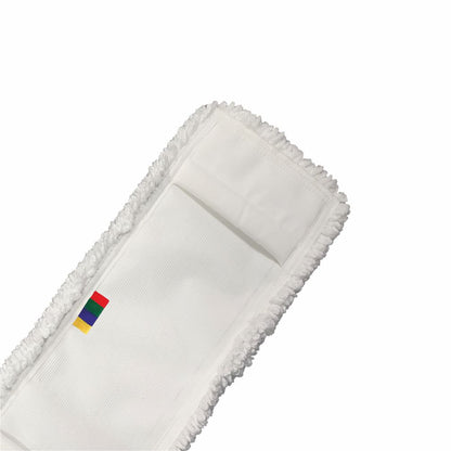 A close-up of the Arcora Micro Easy Db-Fc Mop White With Cover Sheet from Arcora International GmbH, a white, rectangular microfiber mop with textured edges and a small tag with four colored stripes: red, yellow, green, and blue.