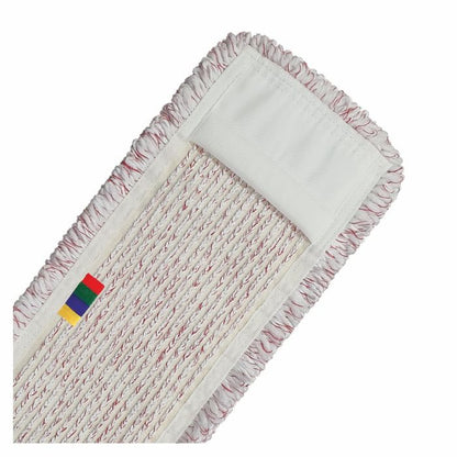 A close-up of the Arcora International GmbH Arcora Medical Red Microfiber Yarn Cover shows white and red fibers, a hygienic white fabric edge, and a label with red, green, blue, and yellow stripes on one side.