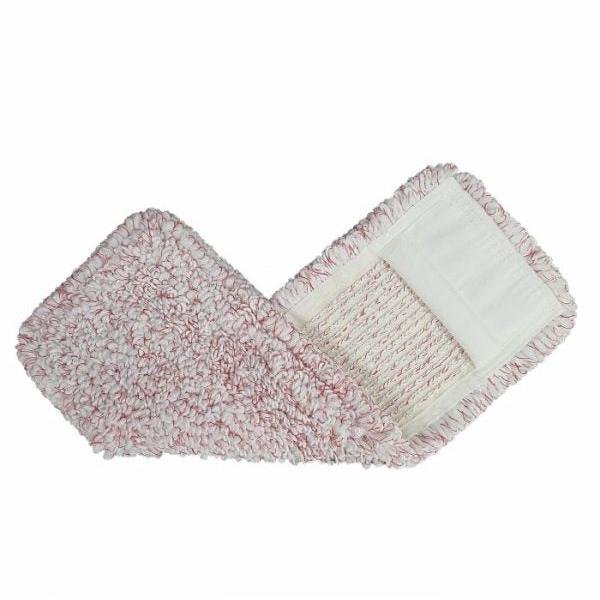 The Arcora Medical Red Microfiber Yarn Cover from Arcora International GmbH is a hygienic, rectangular mop with red and white textured fibers and a white fabric pocket for easy attachment. It is ideal for medical use and is depicted flat on a white background.