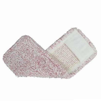 The Arcora Medical Red Microfiber Yarn Cover from Arcora International GmbH is a hygienic, rectangular mop with red and white textured fibers and a white fabric pocket for easy attachment. It is ideal for medical use and is depicted flat on a white background.
