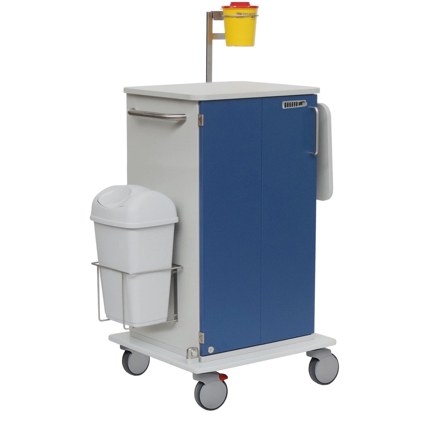 A Novocal medication cart from Novocal with blue doors, a white cover, metal handles, a chassis made of solid plastic panel, stands on 4 wheels and has a white side waste bin and a yellow container for sharp objects above it.