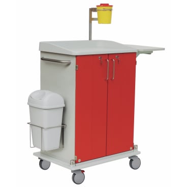 The Novocal medication cart (package 1 piece) has red doors, a white cover, a chassis made of solid plastic plate, a white side trash can, a yellow container on top, and four wheels for easy mobility.