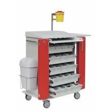 A Novocal medication cart from Novocal with four pull-out drawers plus medication compartments, red side walls, solid plastic plate at the bottom, white waste container on the side, yellow container for sharp objects on top, and four wheels.