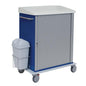 A blue-gray Novocal module cart with a continuous full plastic top, closed roll-up door, white cover, four wheels, and a side trash bin - ideal for the safe transport of goods. 1 piece package. Brand: Novocal.