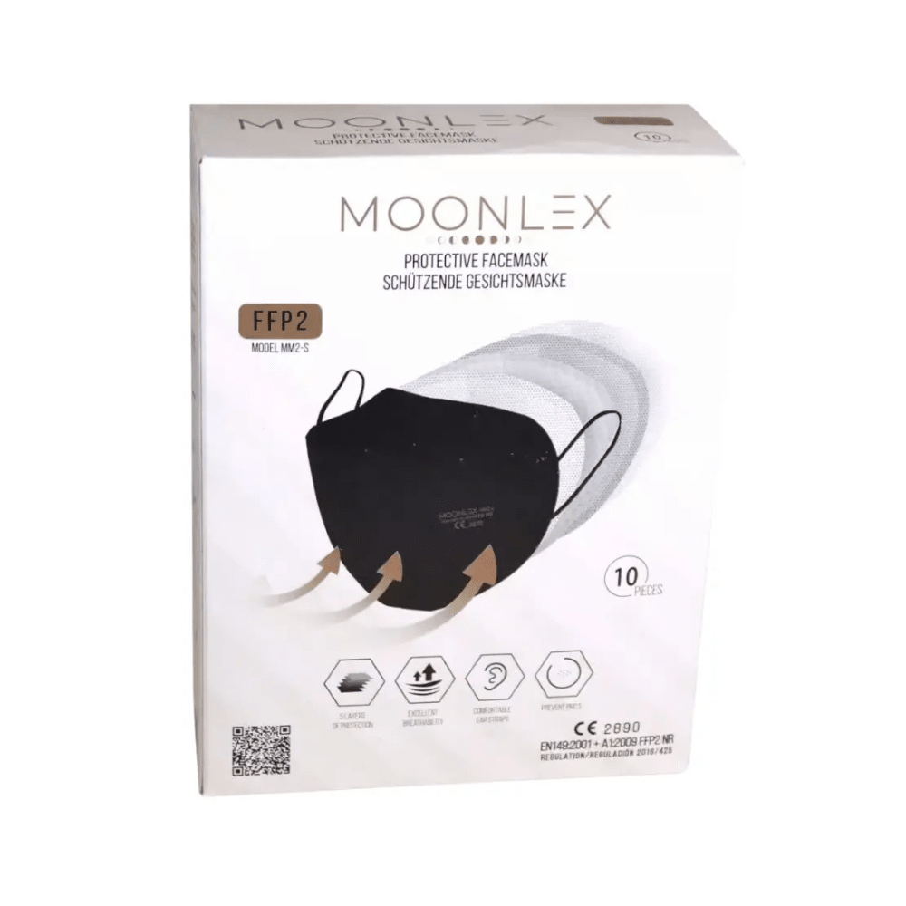 A box with Altruan MOONLEX FFP2 mask, 5-layer, CE2890 - individually wrapped, contains 10 pieces. The front shows mask images and bilingual text in German and English.