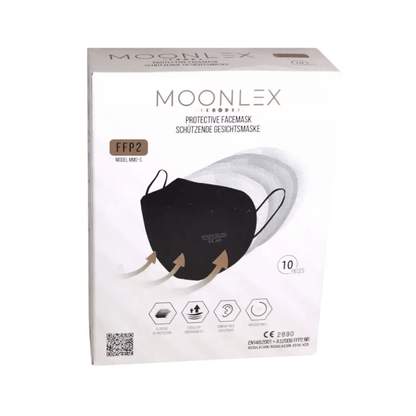 A box with Altruan MOONLEX FFP2 mask, 5-layer, CE2890 - individually wrapped, contains 10 pieces. The front shows mask images and bilingual text in German and English.