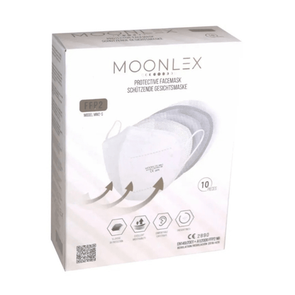 A box with Altruan MOONLEX FFP2 mask, 5-layer, CE2890 - individually wrapped. Contains 10 pieces. The packaging shows white masks and pictograms, with English and German text.