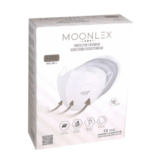 A box with Altruan MOONLEX FFP2 mask, 5-layer, CE2890 - individually wrapped. Contains 10 pieces. The packaging shows white masks and pictograms, with English and German text.