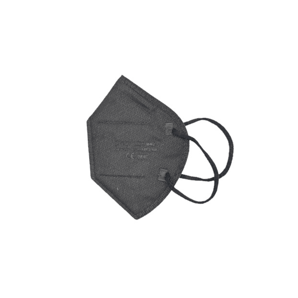 A MOONLEX FFP2 mask by Altruan, 5-layer, CE2890-certified and individually wrapped, is presented in black with ear loops against a white background showing form and structure.
