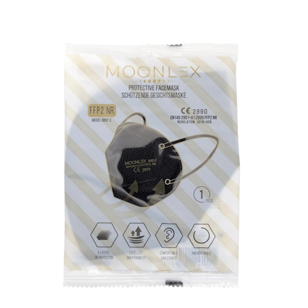 A sealed Altruan MOONLEX FFP2 mask, 5-layer, CE2890 certified, is individually packed with clear labeling and symbols for filtration and breathability. Inside is a black mask with ear loops for comfortable use.