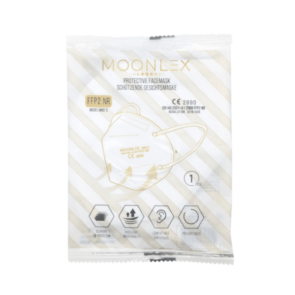 A sealed white package with diagonal gold stripes contains Altruan MOONLEX FFP2 mask, 5-layer, CE2890 certified, each individually packed for comfort and protection.