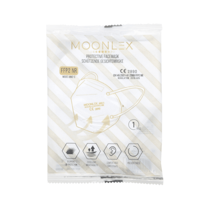 A sealed white package with diagonal gold stripes contains Altruan MOONLEX FFP2 mask, 5-layer, CE2890 certified, each individually packed for comfort and protection.