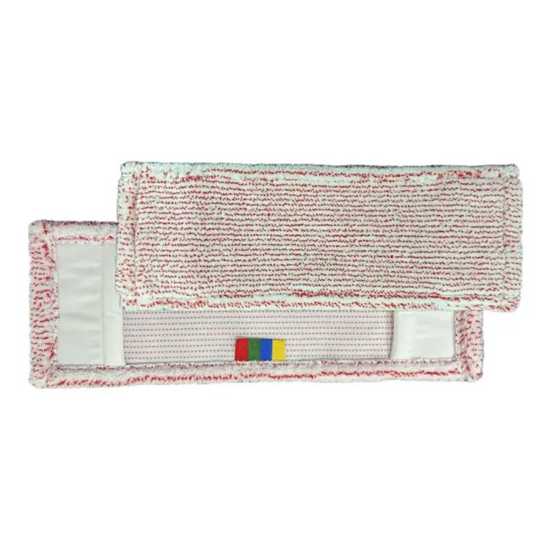 Two rectangular Arcora Excellent Red-White Fc-Mops with color coding without cover sheet mops from Arcora International GmbH made of white fabric with red stripes; one pad lies flat, the other is partially stacked for presentation.
