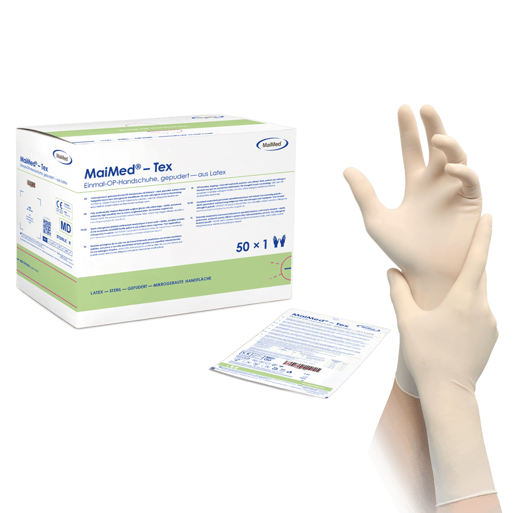 MaiMed-Tex sterile, lightly powdered latex surgical gloves 50 pairs/box
