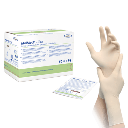 MaiMed-Tex sterile, lightly powdered latex surgical gloves 50 pairs/box