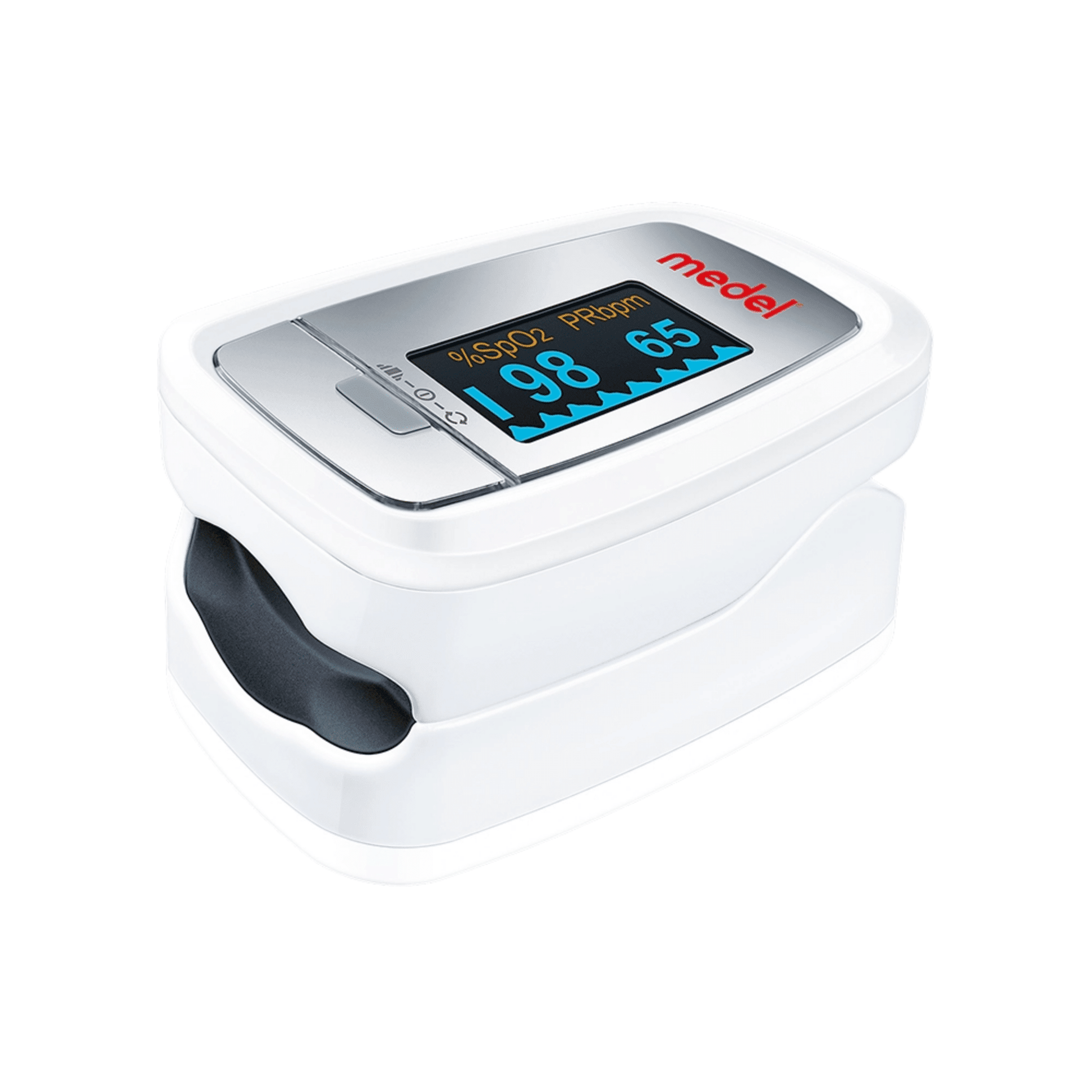 The Medel Pulse Oximeter Oxygen PO01 from Beurer GmbH features an elegant white casing with a display that shows an oxygen saturation of 98 and a heart rate of 65 beats per minute, thus efficiently monitoring oxygen saturation and heart rate.