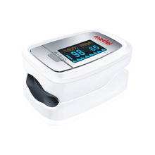 The Medel Pulse Oximeter Oxygen PO01 from Beurer GmbH features an elegant white casing with a display that shows an oxygen saturation of 98 and a heart rate of 65 beats per minute, thus efficiently monitoring oxygen saturation and heart rate.