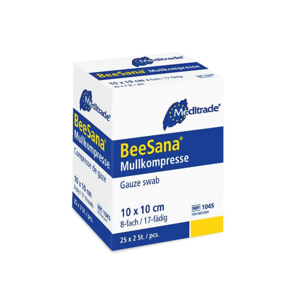 A box of sterile Meditrade GmbH BeeSana® gauze compress, simple sterile, 8-layer gauze swabs. The packaging is white and blue, with text in several languages, including German, and size specifications.
