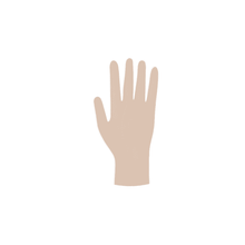 Illustration of a human hand in a neutral position with fingers extended, depicted in a flat graphic style with sterile Meditrade Copolymed® disposable gloves.