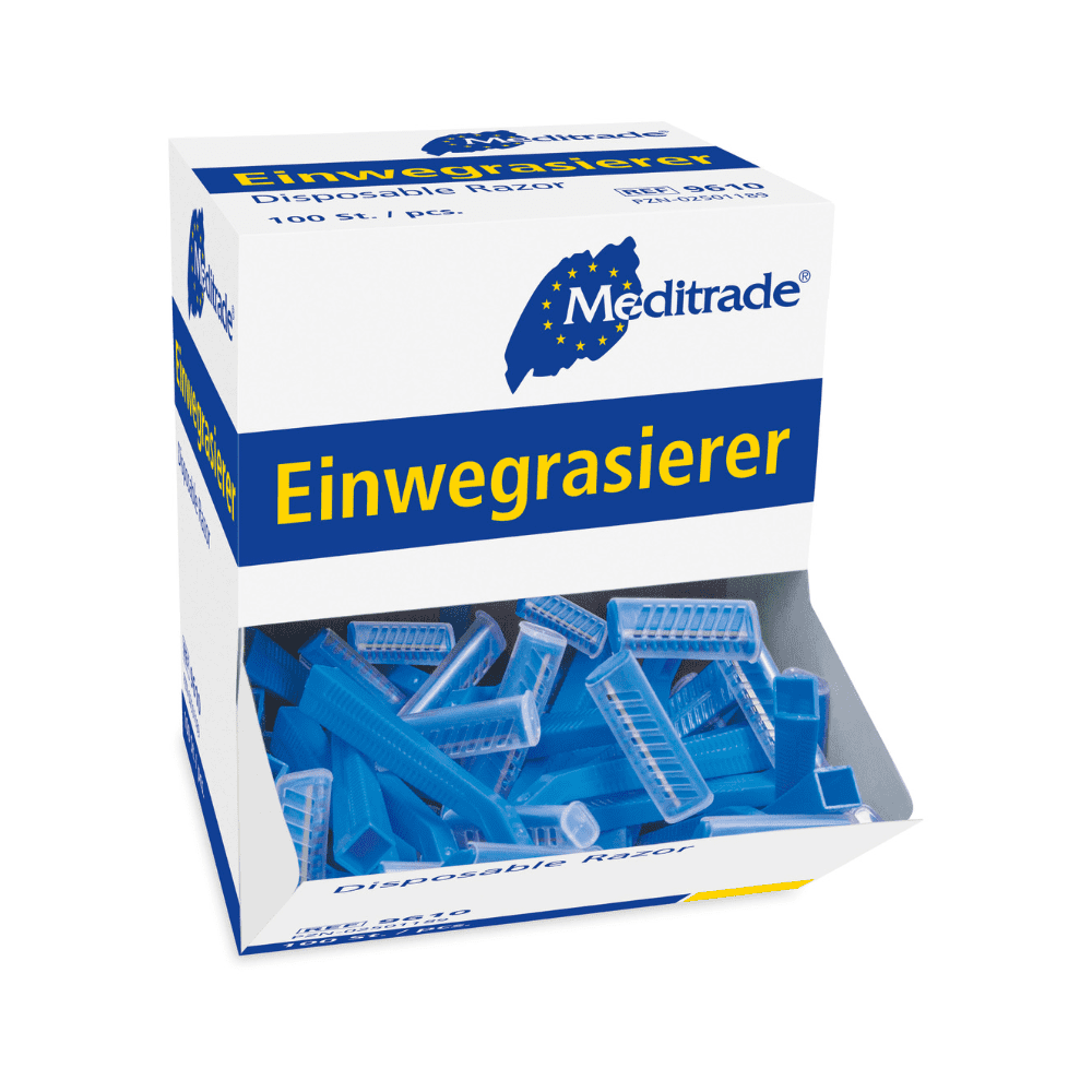 A box of single-sided, non-sterile disposable razors from Meditrade GmbH (Meditrade), opened to show several blue razors against a white background.