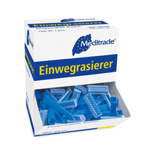 A box of single-sided, non-sterile disposable razors from Meditrade GmbH (Meditrade), opened to show several blue razors against a white background.
