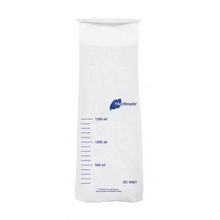 A transparent, graduated plastic measure made of polyethylene with blue measurement markings and a blue 'Meditrade GmbH' logo, showing volume capacities from 500 ml to 1500 ml.