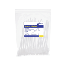 A transparent plastic packaging with cotton swabs, blue-white labeled with the text “Meditrade Cotton Swabs” from Meditrade GmbH as well as product details in German and English for medical applications.