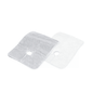 Two rectangular fabric compresses with a central hole, known as Meditrade ABE® Tracheal, slit hole compress 8 x 10 cm | Pack (50 pieces) by Meditrade GmbH. The compress on the left is gray and the compress on the right is white, both feature a centrally running quilting seam and a metallic coating for added comfort.
