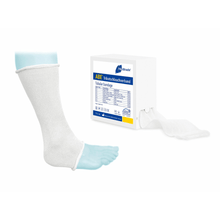 A foot with a white Meditrade ABE® tubular bandage next to a box labeled "abe 7.6x11cm tubular bandage" and a gloved hand demonstrates the application of