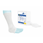 A foot with a white Meditrade ABE® tubular bandage next to a box labeled "abe 7.6x11cm tubular bandage" and a gloved hand demonstrates the application of