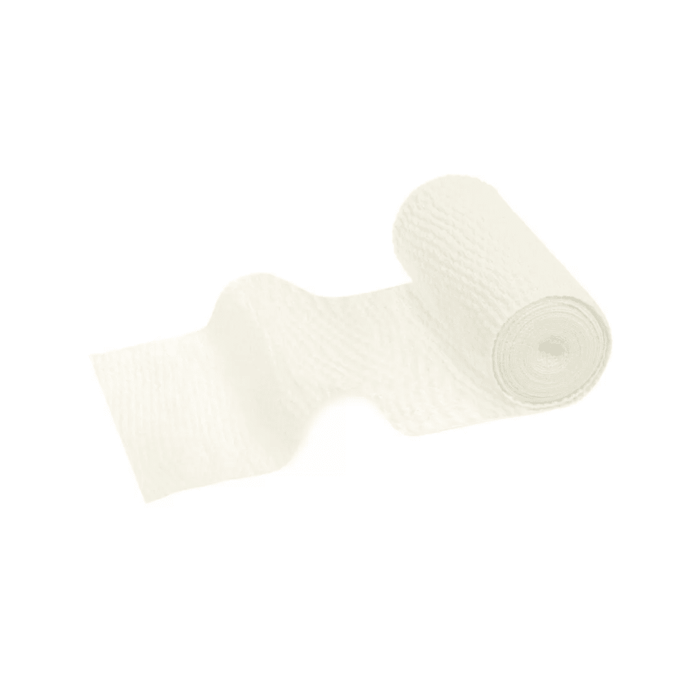 A white, textured roll of Meditrade ABE® universal bandage 8 cm x 5 m | Pack (10 pieces) from Meditrade GmbH is partially unrolled on a white background. The unrolled part arches outward in a wavy manner and shows its medium compression.