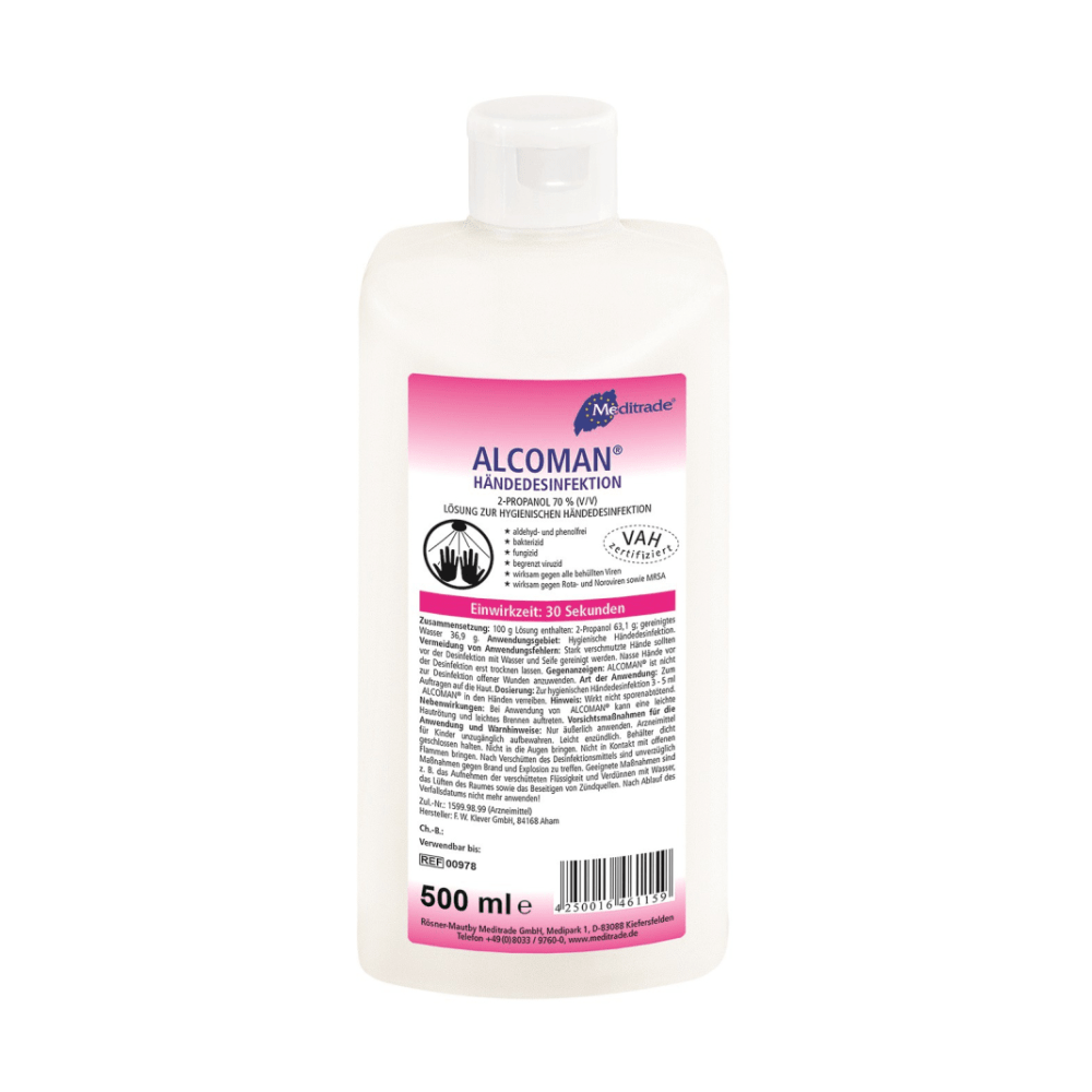A white 500 ml plastic bottle of Meditrade Alcoman® hand disinfectant from Meditrade GmbH with a pink and white label, indicating product information, instructions for use, 500 ml volume, and virucidal effect against MRSA.