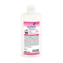 A white 500 ml plastic bottle of Meditrade Alcoman® hand disinfectant from Meditrade GmbH with a pink and white label, indicating product information, instructions for use, 500 ml volume, and virucidal effect against MRSA.