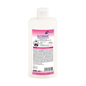 A white 500 ml plastic bottle of Meditrade Alcoman® hand disinfectant from Meditrade GmbH with a pink and white label, indicating product information, instructions for use, 500 ml volume, and virucidal effect against MRSA.